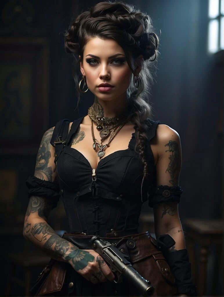 Ai Image of a Victorian Steampunk woman with tattoos and carrying a pistol 