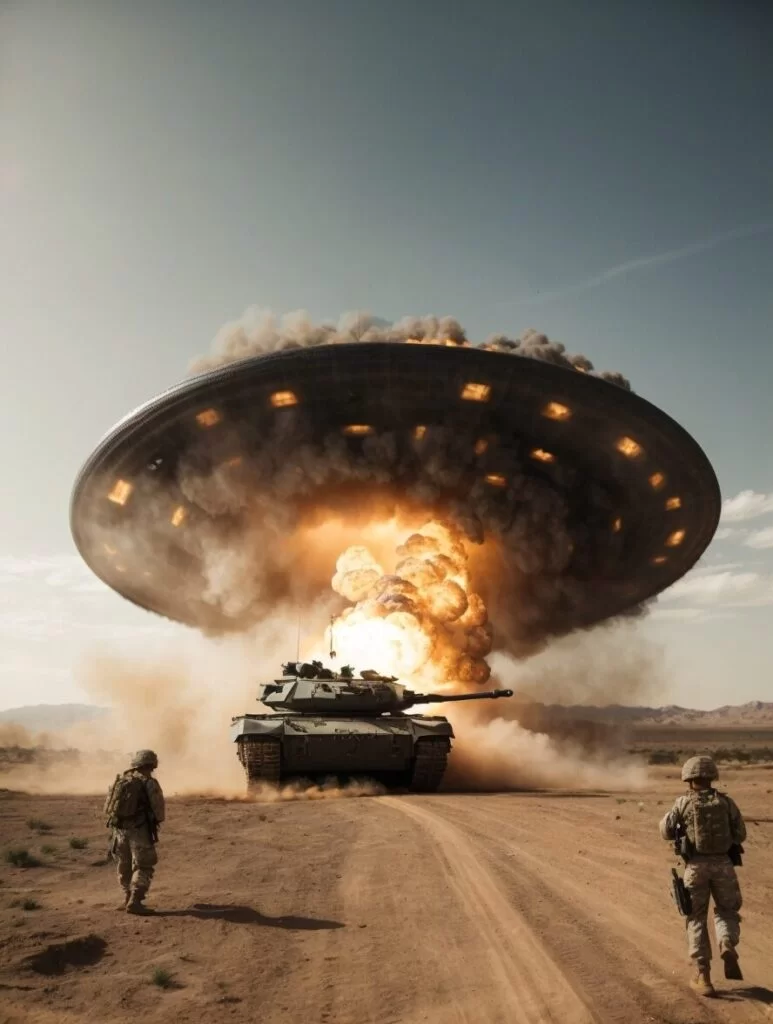 AI image of a tank destroying a UFO, while soldiers advance 