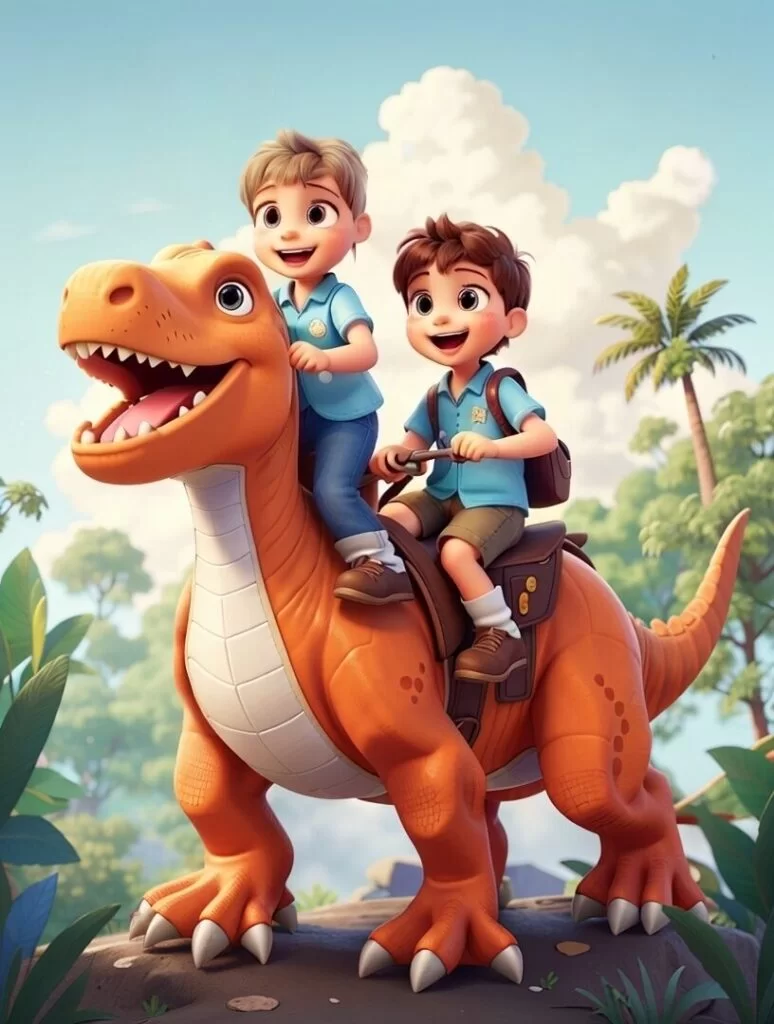 AI Cartoon of two schoolchildren riding a dinosaur