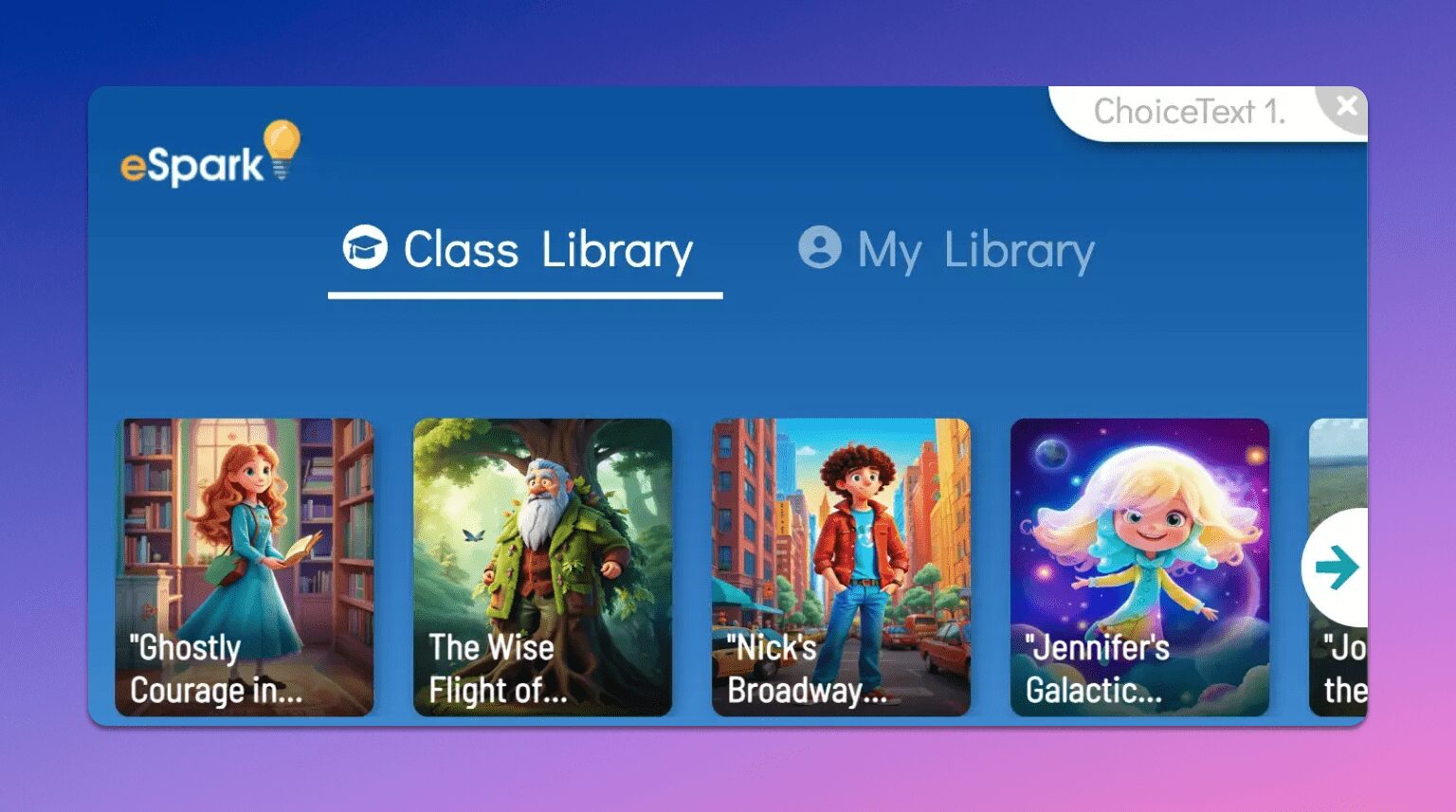 A screenshot from eSpark Learning's interface, showing thumbnails for stories featuring Leonardo.Ai generated imagery
