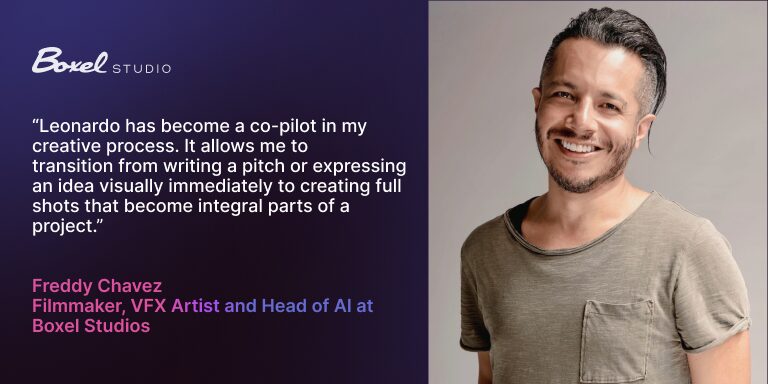A quote from Freddy Chavez, a VFX artist and filmmaker of Boxel Studios, on the value he gets from Leonardo.Ai