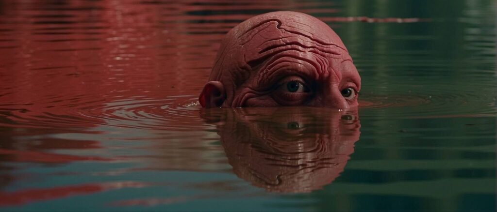 An AI-generated image of an alien creature, his head peering up out of a green lagoon