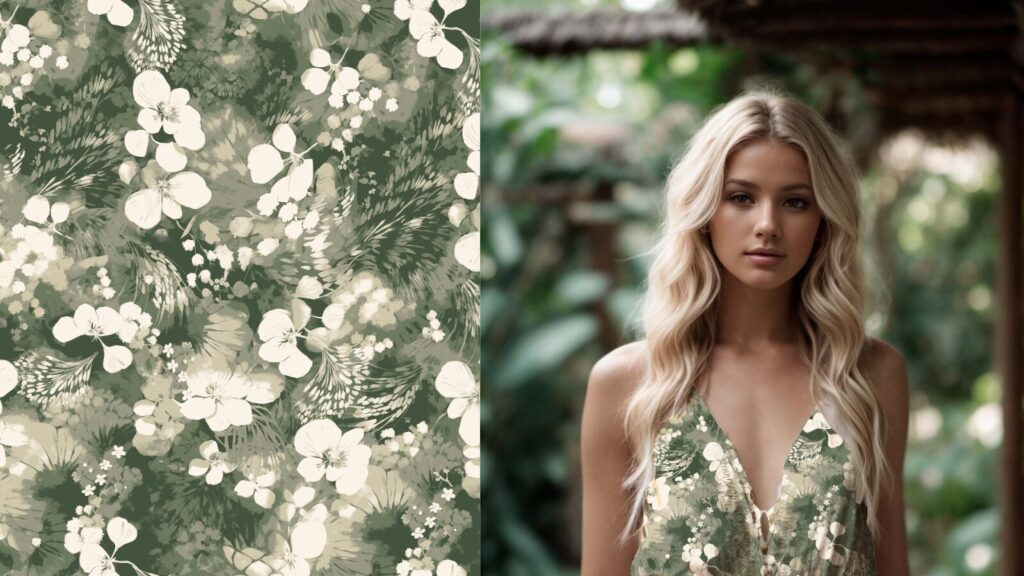 Two images  - the left featuring a closeup of a green and white floral pattern, and the right a photorealistic image of a woman wearing the design as a dress. 