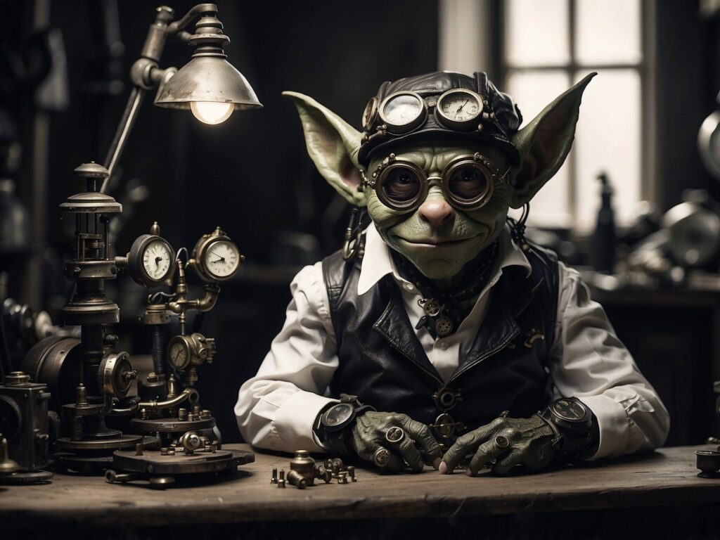 AI photography of a steampunk goblin character