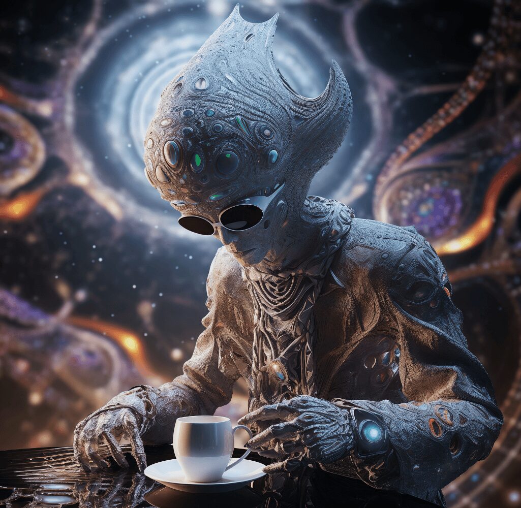 An alien drinking coffee, made with Leonardo.Ai by The Fractalnaut