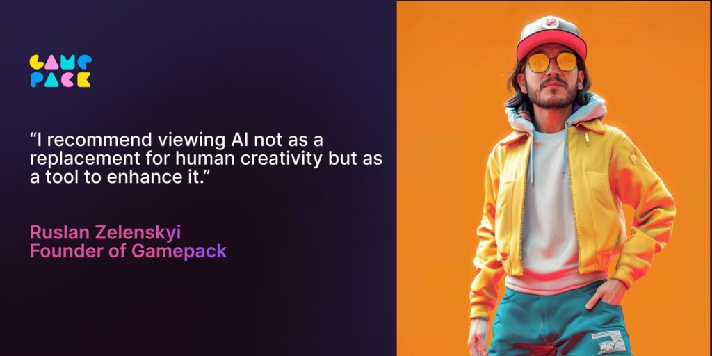 A quote from Ruslan Zelenskyi, founder of Gamepack on how he uses Leonardo.Ai