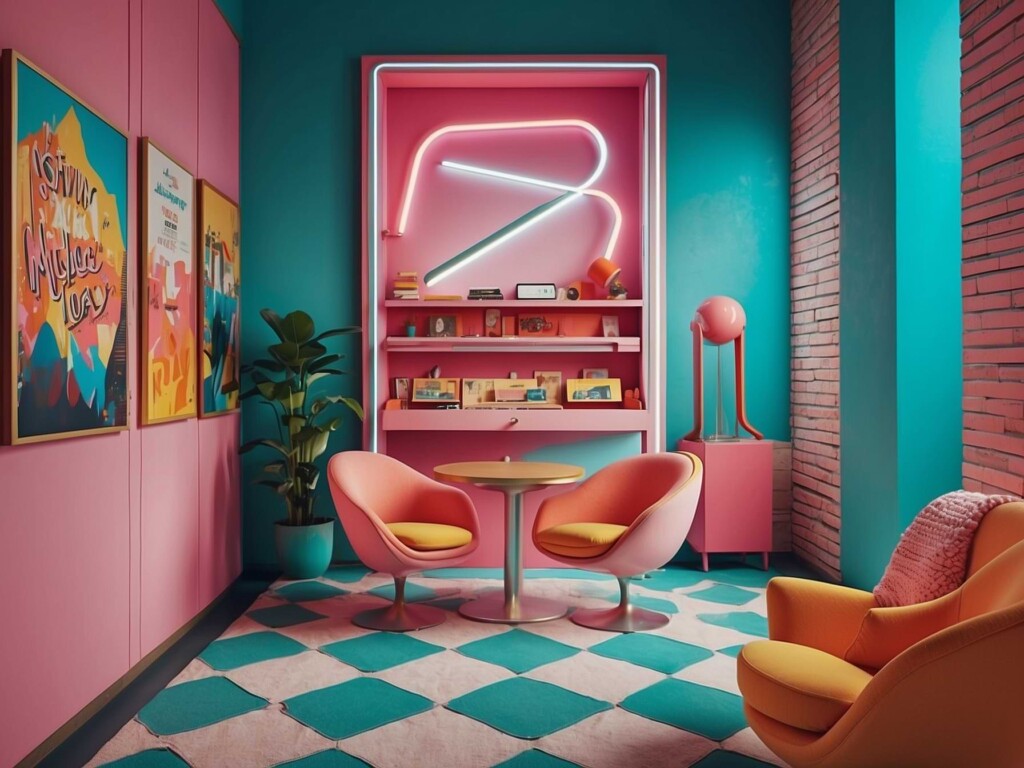 a super creative advertising office, in a quirky futuristic setting 1970's aesthetic, ai interior design