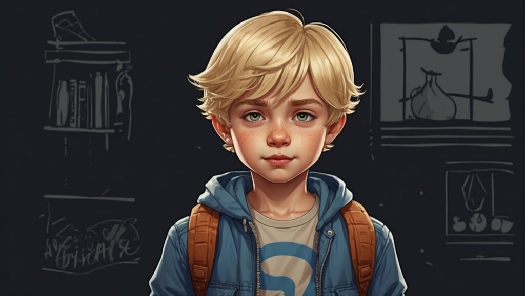  A cartoon character of a boy, blonde hair, ultra detailed, 2D, illustration