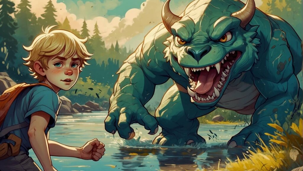2D illustration of a boy, fighting a monster, next to a river, cartoon style, cel animation, cel animation, vibrant pastel colors