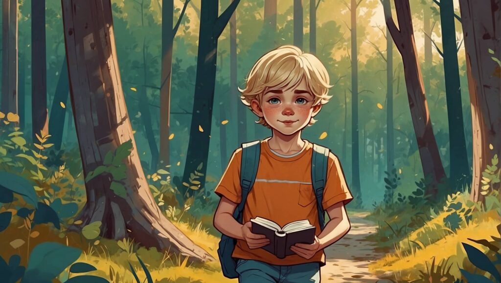 2D illustration of a boy, holding a book, walking in the woods, cartoon style, cel animation, cel animation, vibrant pastel colors