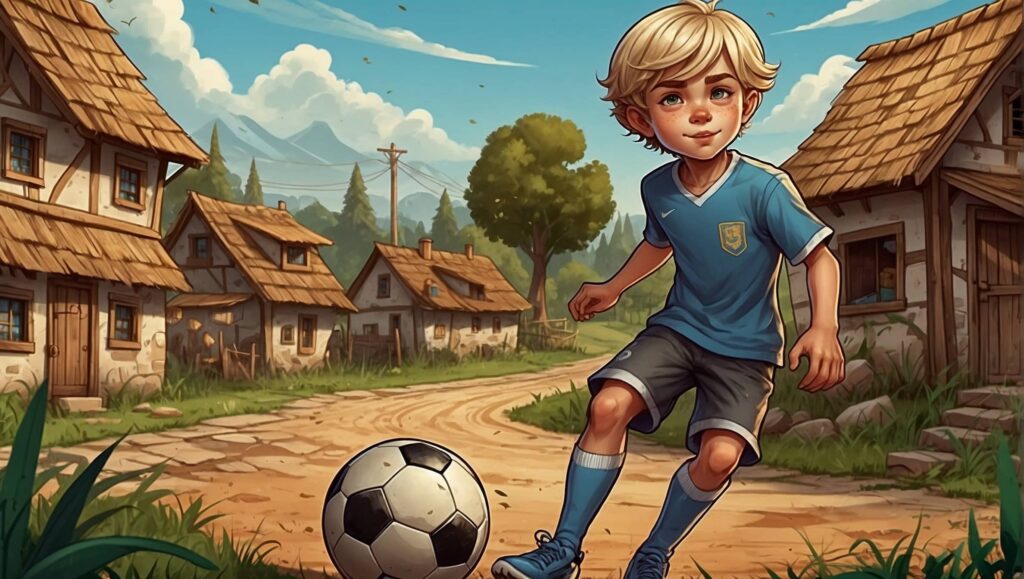 2D illustration of a boy playing soccer, in a village, cartoon style, cel animation, cel animation, vibrant pastel colors