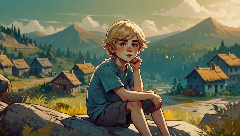 2D illustration of a boy, sitting on a rock, in a village, cartoon style, cel animation, cel animation, vibrant pastel colors