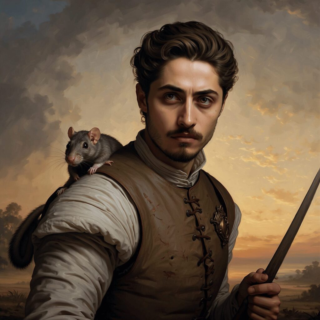  A painting of man with rat, renaissance painting, gorgeous, 4k, dramatic lighting, masterpiece, on the battlefield, painting, brushstrokes