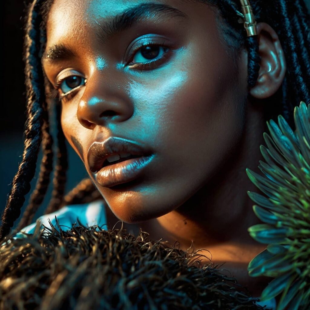  A strikingly captivating trendy black teenage woman in ethereal floral backdrop