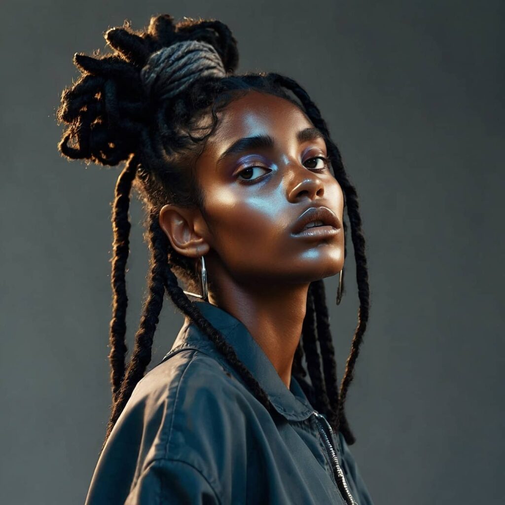  A strikingly captivating trendy black teenage woman in studio