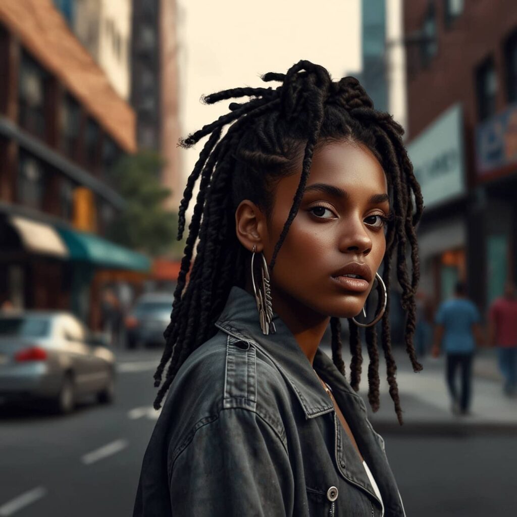  A strikingly captivating trendy black teenage woman urban environment
