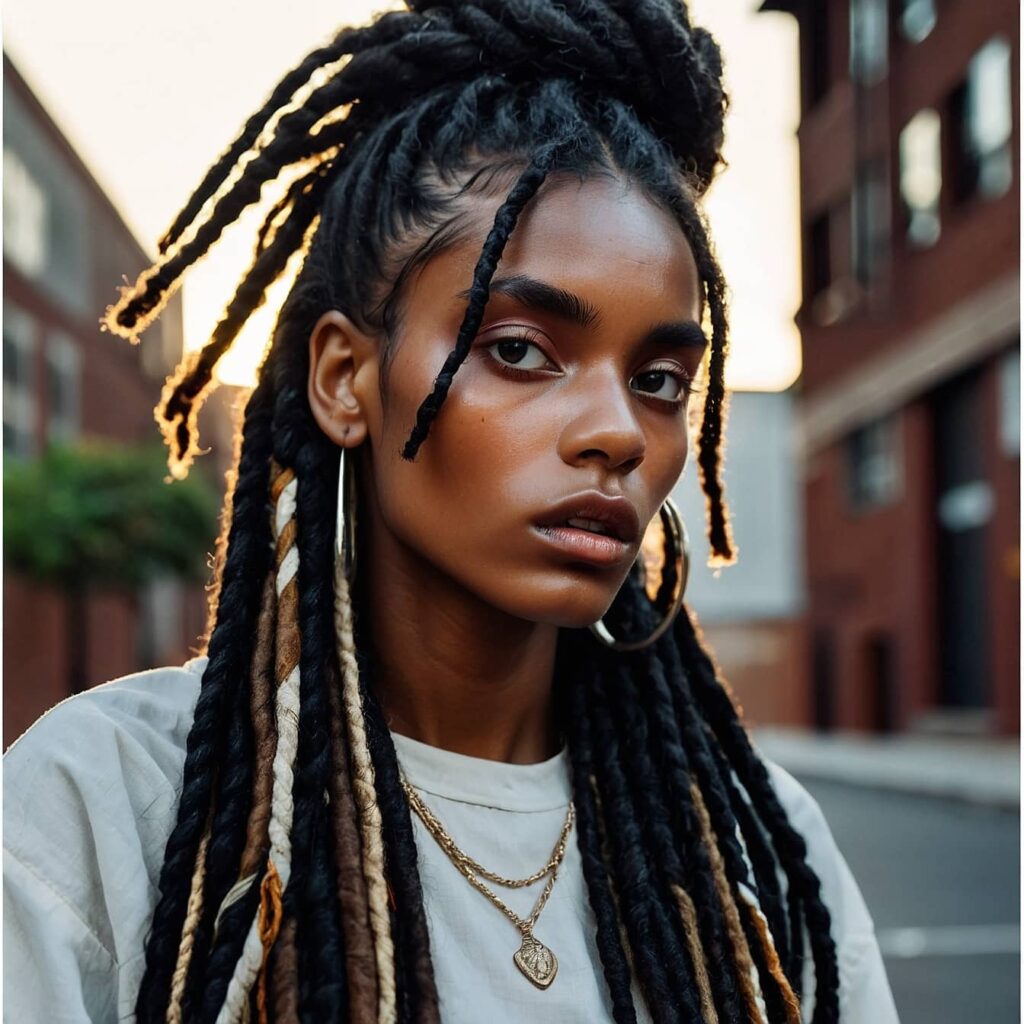  A strikingly captivating trendy black teenage woman urban landscape