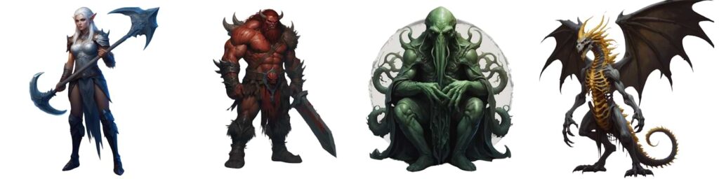 DND AI Art generator profile images of a female elf, demon warror, eldritch mindflayer and skeletal dragon. 