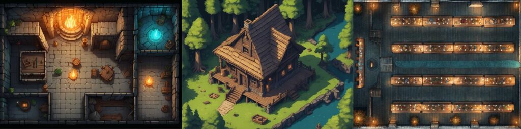 DND AI art generator images of area locations, including a dungeon, house in the woods and a fantasy dining hall with multiple tables. 