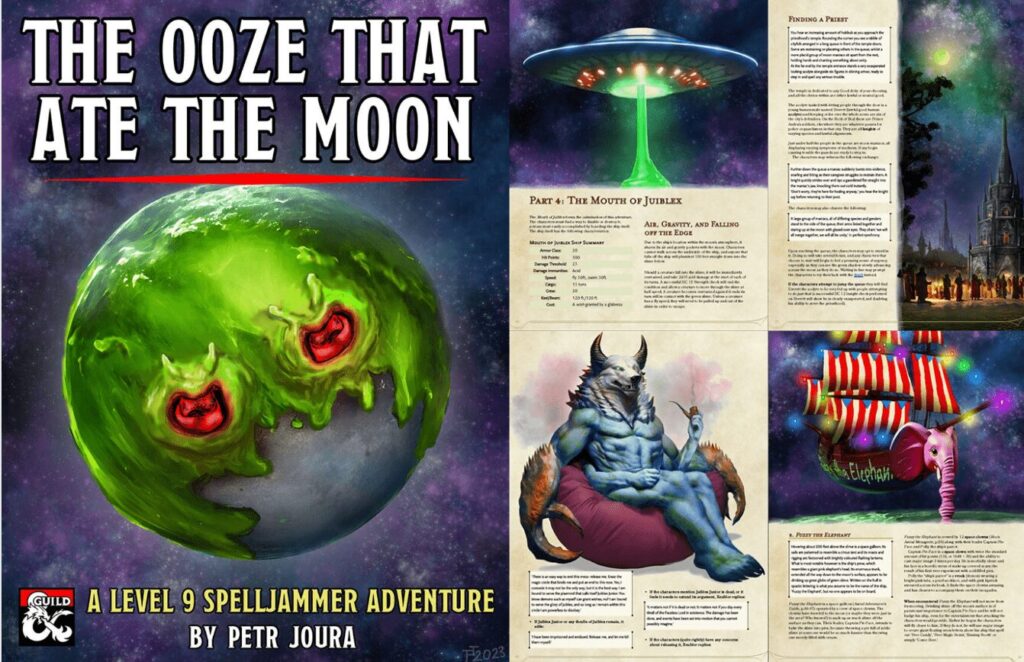 DND AI Art generator image of a Module depicting a moon being consumed by green ooze, as well as a selection of enemies and their related statistics. 