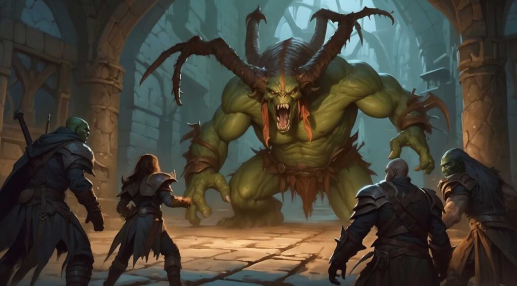 DND AI Art generator image of a monsterous orc attacing a group of warriors