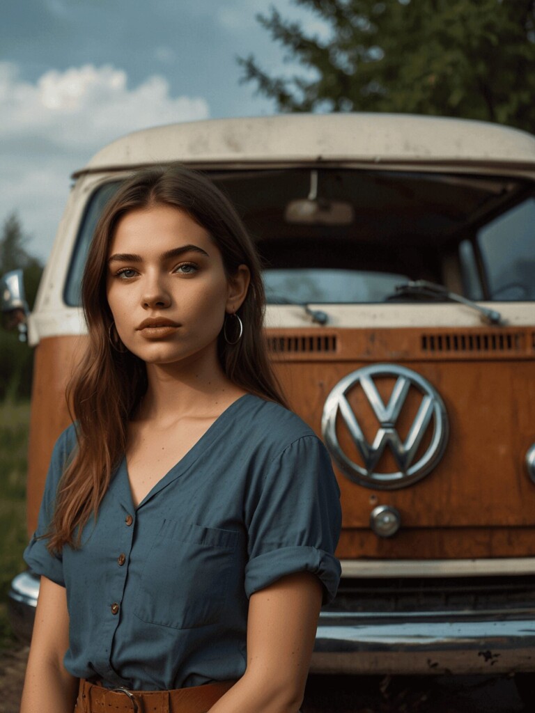 Fashion design character in front of VW microbus
