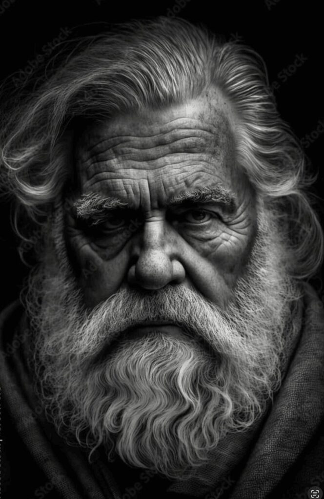 Older man with thick white beard and piercing gaze