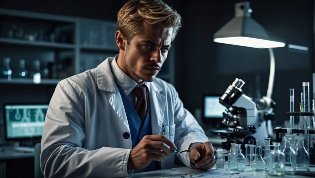 a doctor wearing doctors suit, in a lab, making experiments, digital photography, highly detailed