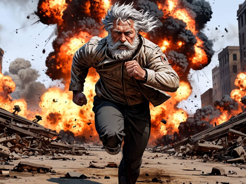 a man running from explosions, scifi action movie