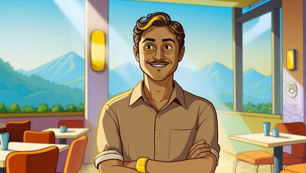 a man standing in a restaurant, highly detailed, cartoon