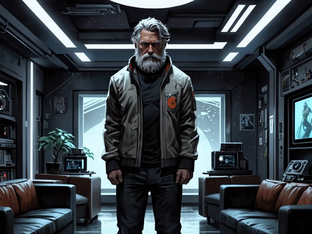 a man standing in his living room, scifi action movie