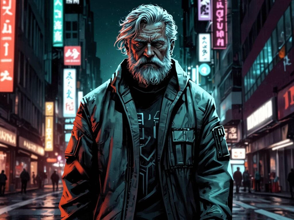 a man walking on a cyberpunk city street, scifi action movie