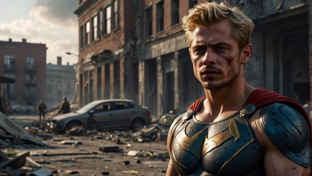 a super hero in a town, fighting villains, in a destroyed city, cinematic scene, fierce, hyper realistic, cinematic