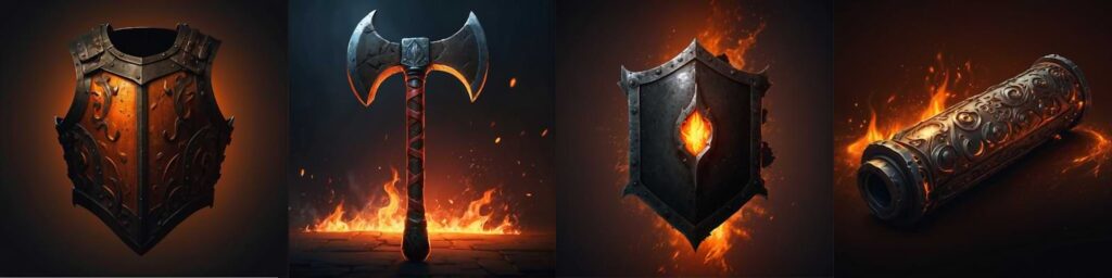 DND AI art generator image of flame-based items, including armour, an axe, a shield and a flame spell scroll. 