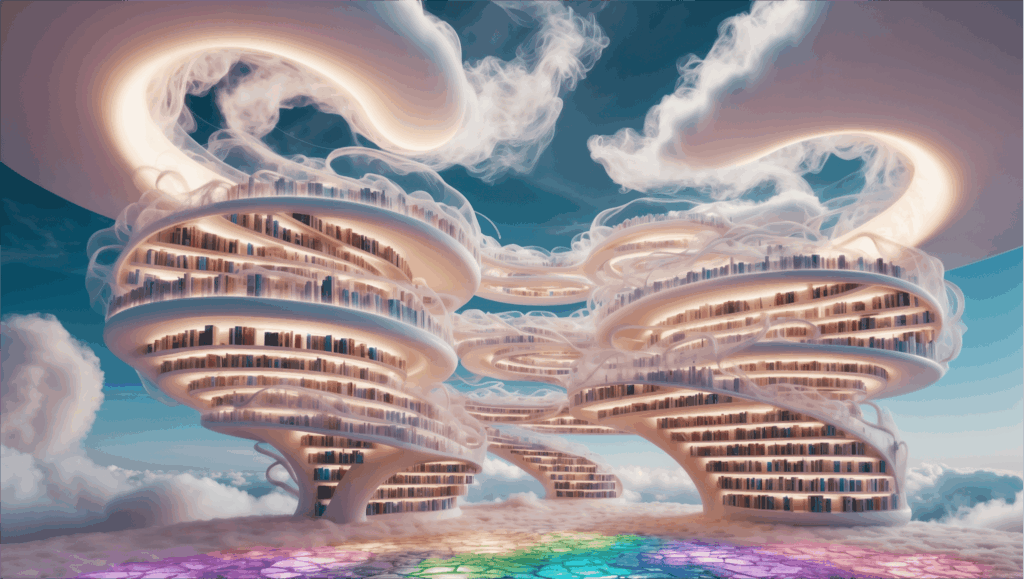 A fantasy bookshelf in the sky, clouds and rainbow colouring