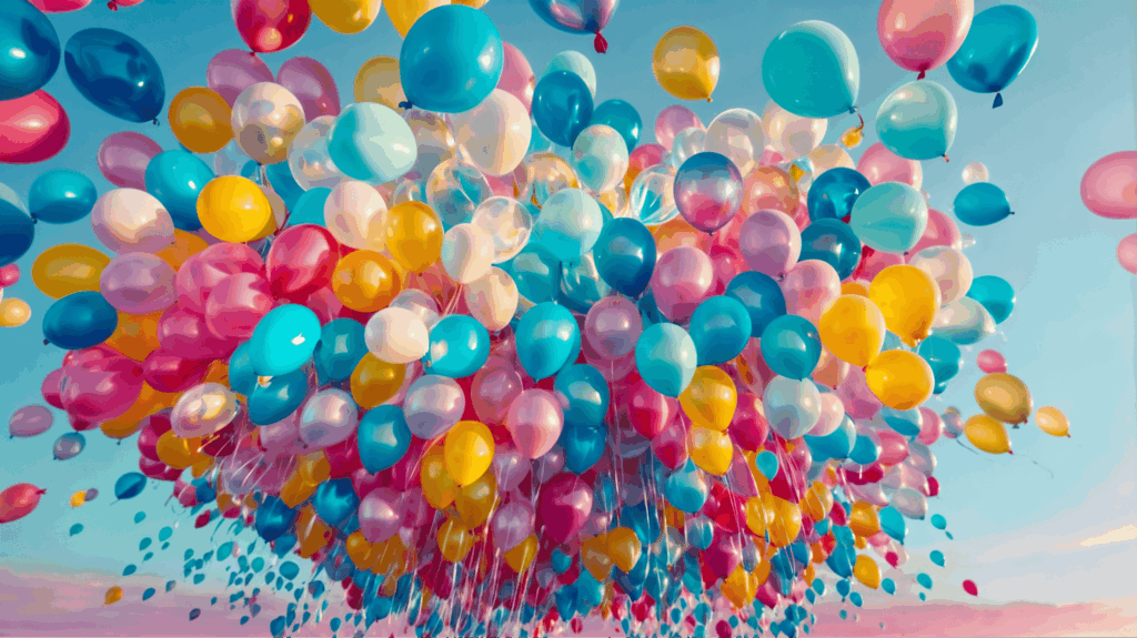 An image of the sky clouded with multi-coloured balloons