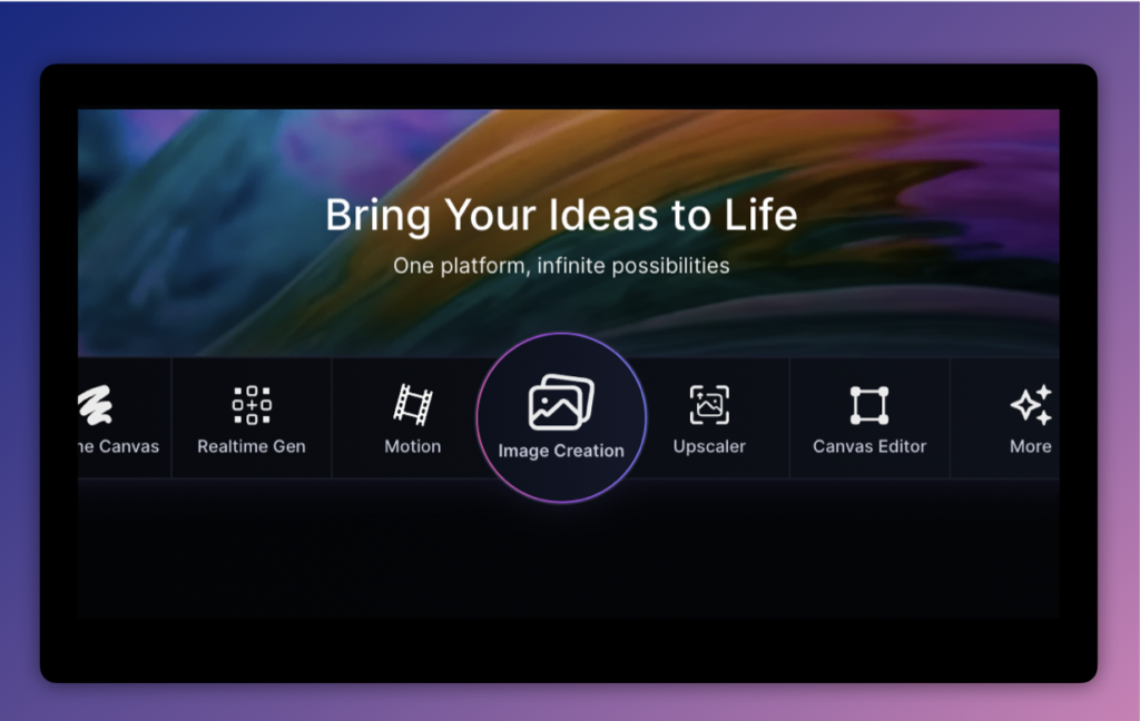 The Leonardo.Ai main page, featuring the "Image creation" button.