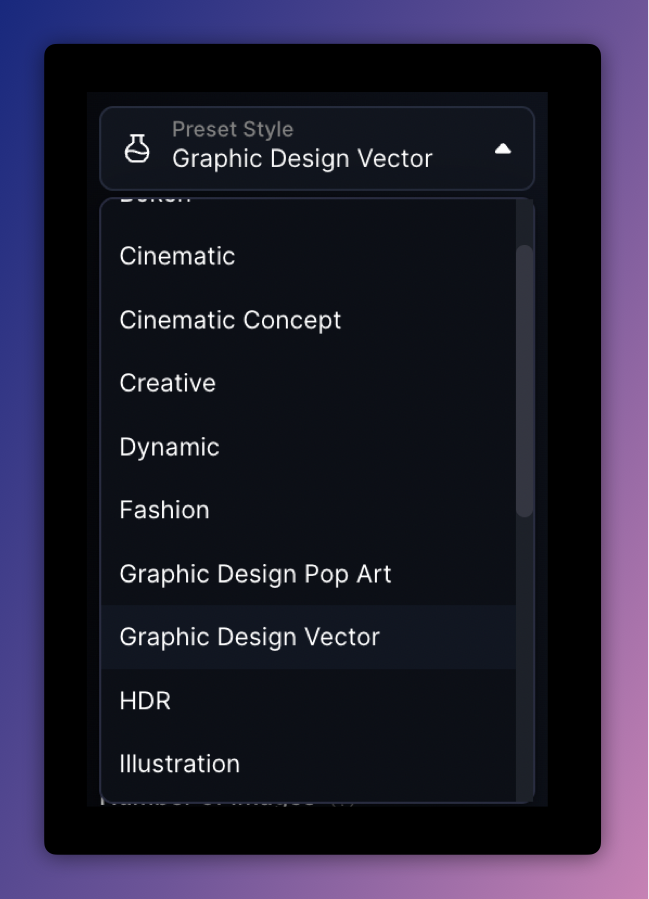 The Preset Style dropdown list, with the Graphic Design Vector style selected.