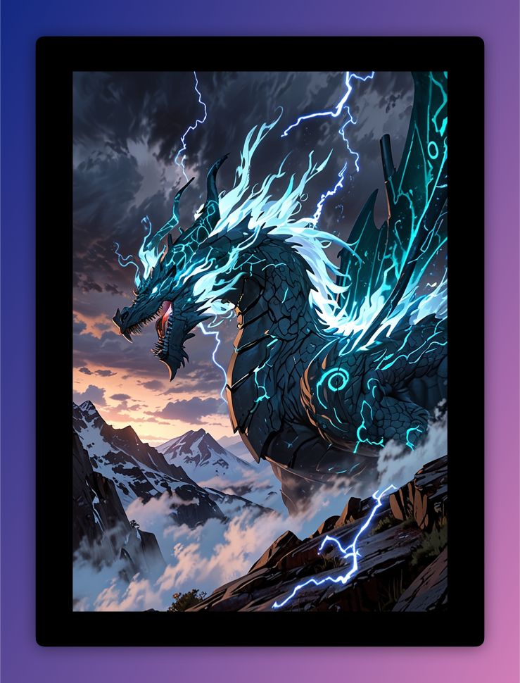 An epic green dragon surrounded by snowy mountains